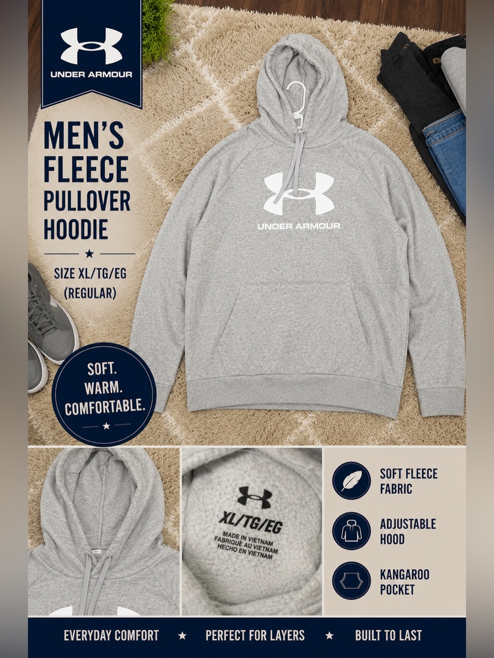 Under Armour Light Gray Men's Fleece Hoodie with White Logo